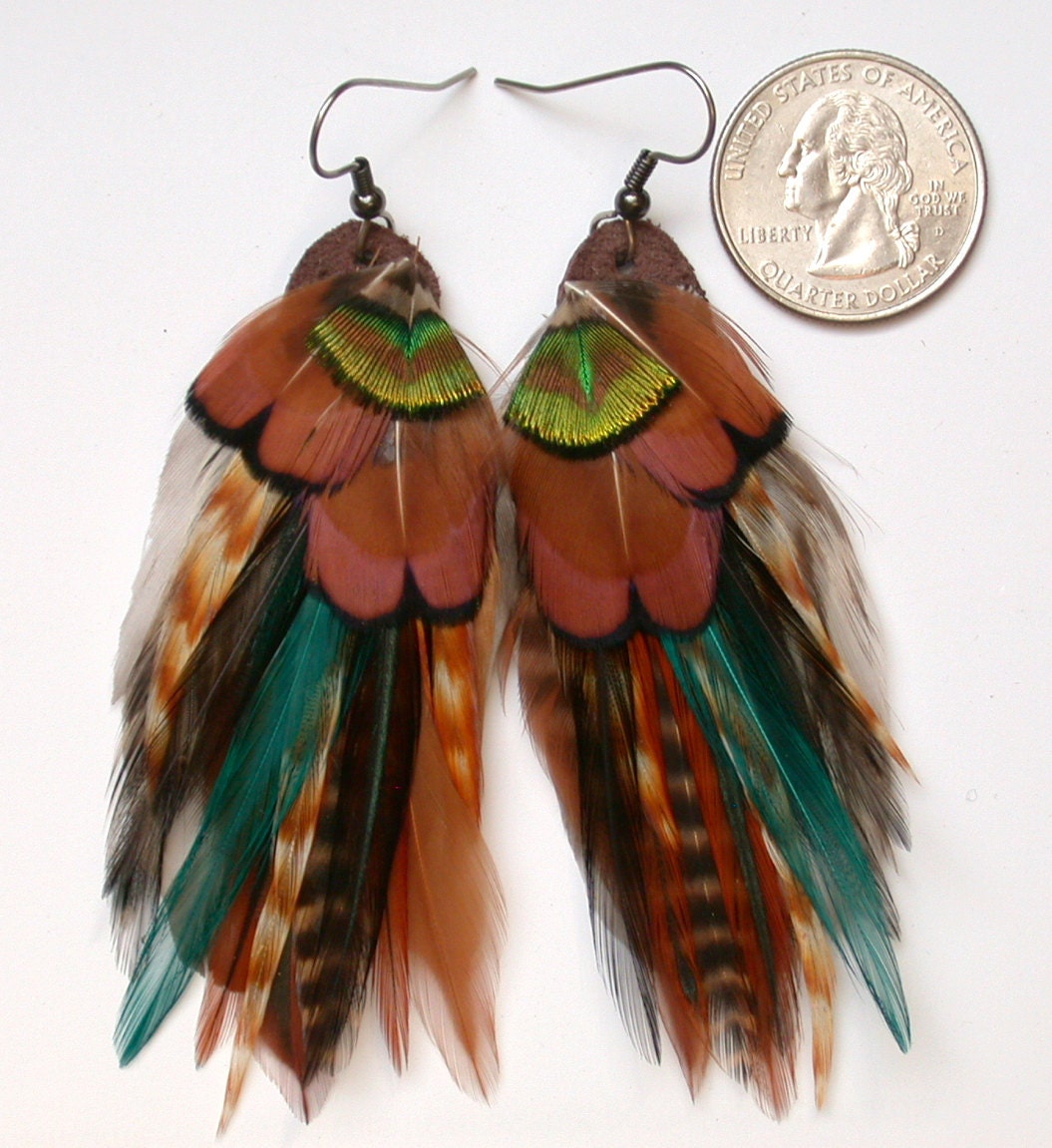 Earthy Bronze and Teal Feather Earrings