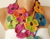 SALE Flower Scarf, Handmade Crochet , Rainbow mix tones, Flower Lariat, Scarf, Necklace