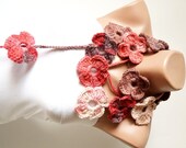 Flower Scarf- SALE -Handmade Crochet - Brick red, salmon and brown mix tones- Flower -Lariat Scarf- Necklace