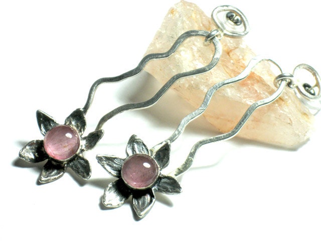 Pink Tourmaline and silver daffodil earrings,Gemstone and sterling dangle earrings