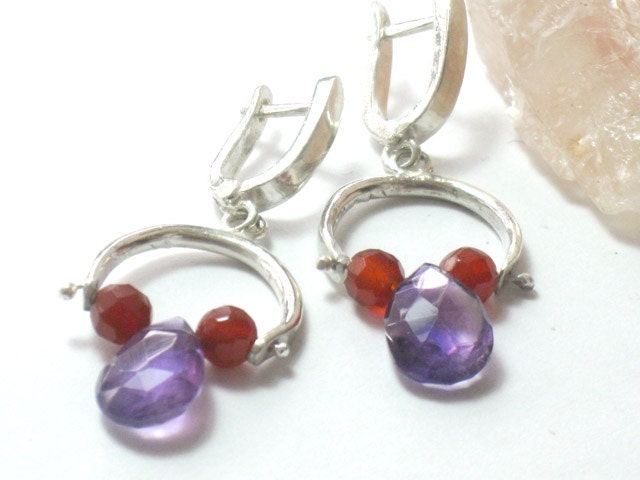 Amethyst Carnelian and silver earrings, sterling Gemstone dangle earrings