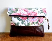 Foliage Clutch - Vintage Fabric and Leather - rare fabric - floral print - fold over clutch