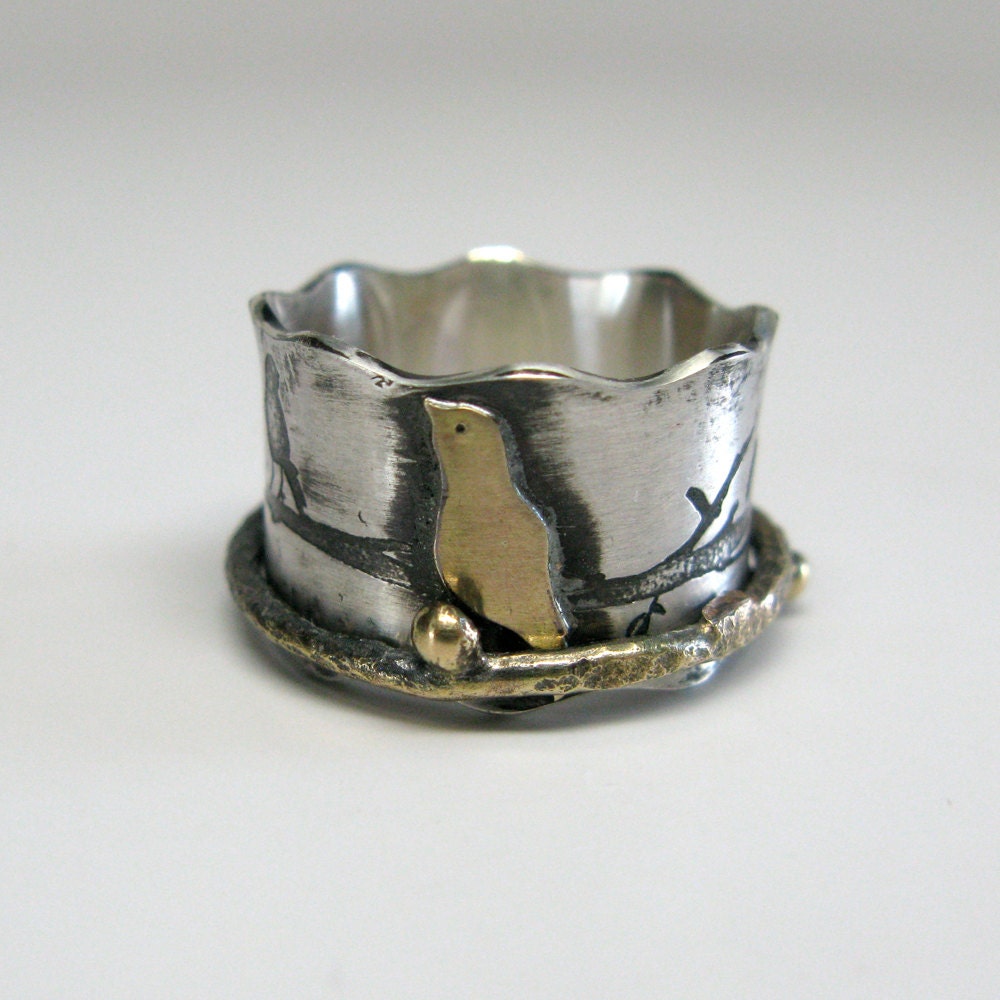 Birds on a Branch Sterling and 14k Gold Ring with 14k gold spinner Ring