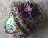 Handmade Crochet Hat, Retro Inspired Cloche, Bohemian, Green Mauve Plum, Womens Spring, Chemo