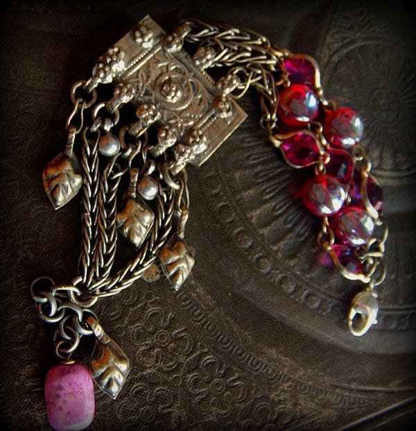 Authentic Vintage Kuchi Pendant with Vintage Glass and Framed Crystal Beaded Charm Bracelet