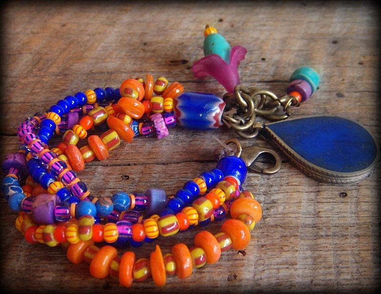 African Beads, Jasper, Shell and Lapis Beaded Charm Bracelet