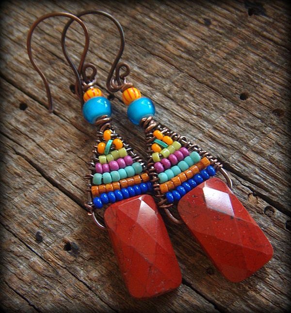 Red Jasper, Glass and African White Heart Beaded Earrings