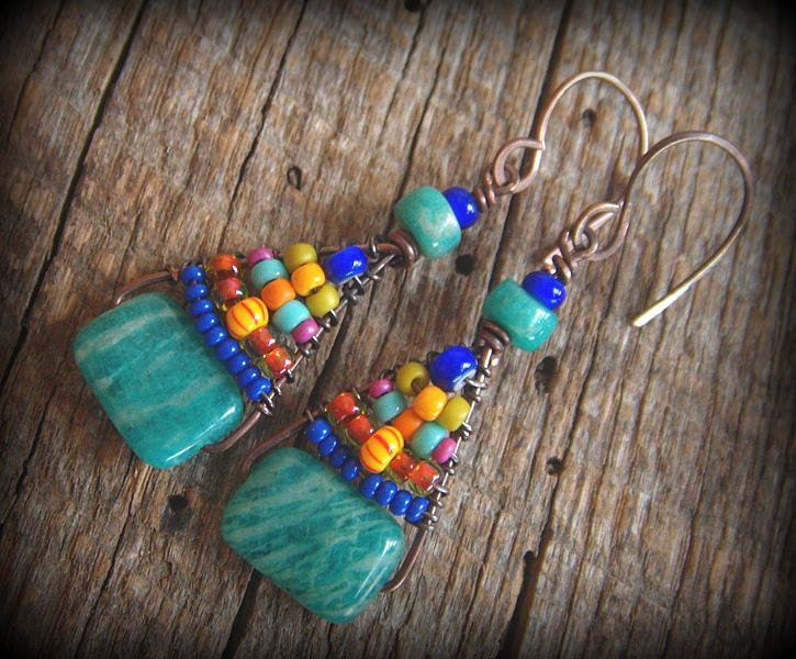 Russian Amazonite and Weaved Glass Beaded Earrings