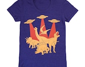 Dinos vs Aliens - Womens Scoop Neck T-Shirt Dinosaur UFO Sci Fi Awesome Spaceship Outer Space Monster Tshirt Tee Shirt Indigo Blue Tshirt