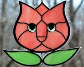 Stained Glass Pink Tulip Cat Face Suncatcher