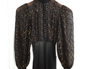 30's STUNNING Vintage Black Chiffon with Gold Metallic Thread Evening Dress