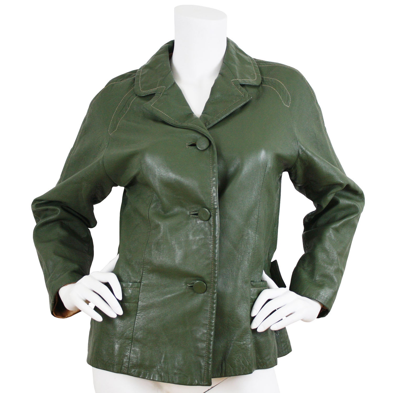 60's Vintage Olive Green Matt Fisher Button Up Women's Genuine Leather Jacket