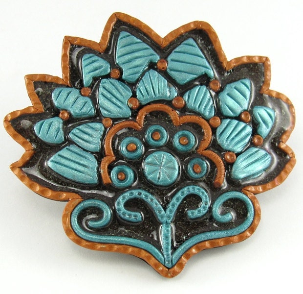 Barrette Fan Large Mosaic Applique Pieced Turquoise Polymer French Clip Hair