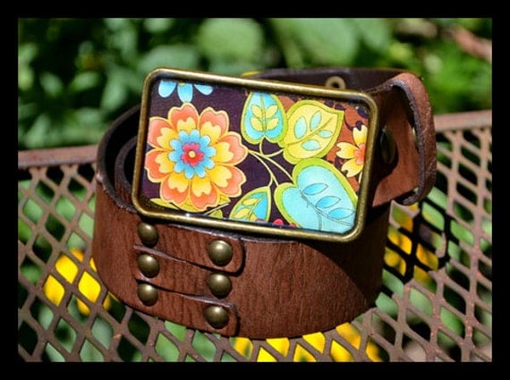 The Norma Belt - Leather Belt with Turquoise, Lime and Orange Flower Buckle