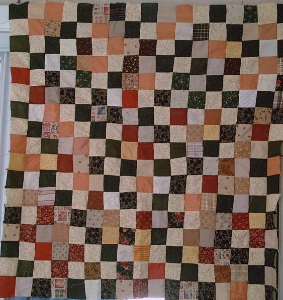 OOAK One Patch scrappy crib or wall quilt top fall colors, brown, beige, rust, green