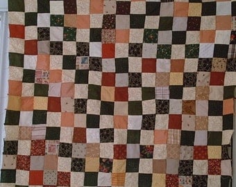OOAK One Patch scrappy crib or wall quilt top fall colors, brown, beige, rust, green