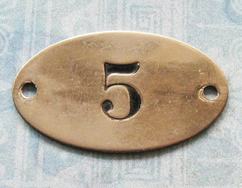Industrial Brass Number Tag Antique PO Box 5 Painted Numbered Victorian Postal ID DIY Repurpose