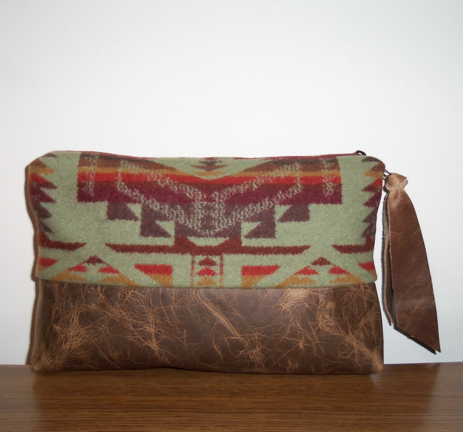 Purse Clutch Bag Blanket Weight Wool Southwest Style Brown Distressed Leather