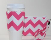 Coffee Break Gift Set - Wristlet and Reversible Coffee Sleeve - Pink Chevron