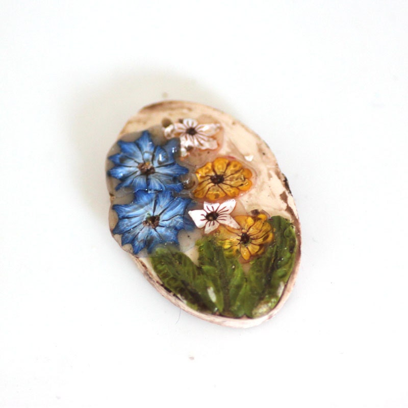 Polymer Clay Bead, Field Flowers Bead, Blue and Yellow 948