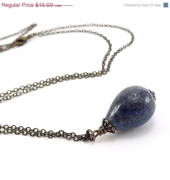 SALE Antique Brass Necklace - Lapis Lazuli  Round Teardrop Pendant