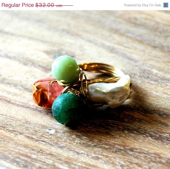 Summer Sale 10% Off Gold Wire Wrapped Ring with Peridot, Cherry Quartz Freshwater Pearls and Dragon Vein Agate