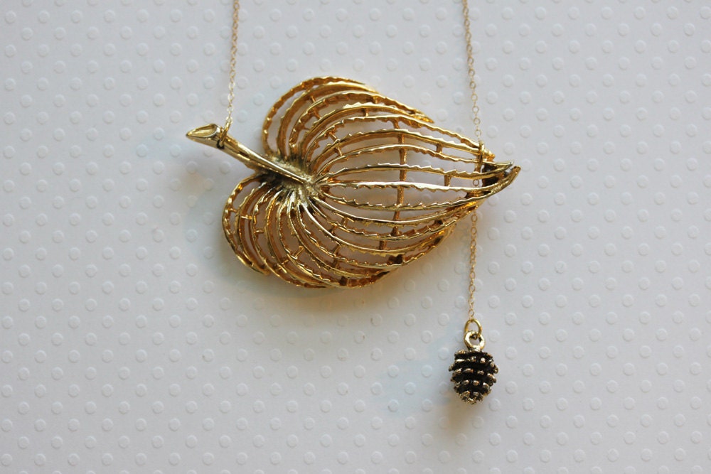 Gold Leaf Necklace, Leaf and Pine Cone Necklace, Vintage Jewelry, One Of A Kind