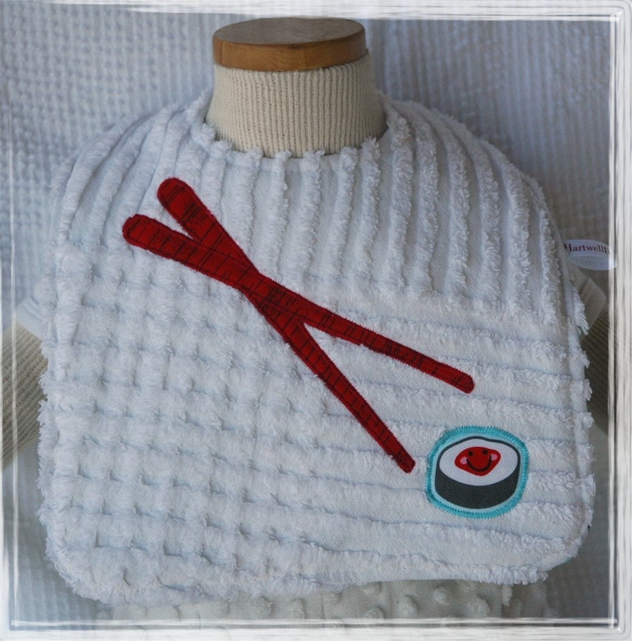 Chopsticks and Sushi Vintage Chenille Infant Size Feeding Bib