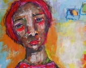 alone in a red dress mixed media painting