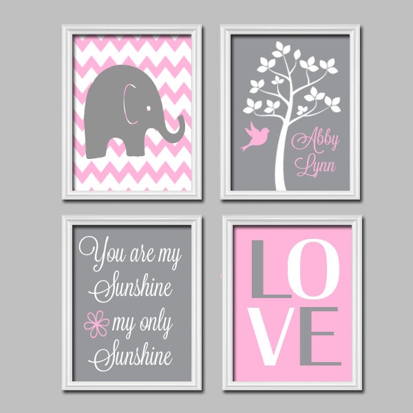 Elephant You Are My Sunshine Quote Child Name Grey Pink Chevron LOVE Tree Nursery Print Artwork Set of 4 Prints Girl Wall Decor Art Picture