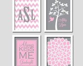Custom Personalized Child Name Pink Gray Grey Kiss Me Goodnight Tree Bird Nursery Print Artwork Set of 4 Girl Wall Decor Art Chevron Flower