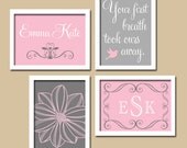 Personalized Custom Monogram First Breath Quote Child Name Gray Pink Flower Print Artwork Set of 4 Prints Girl Wall Decor Art Nursery Crib