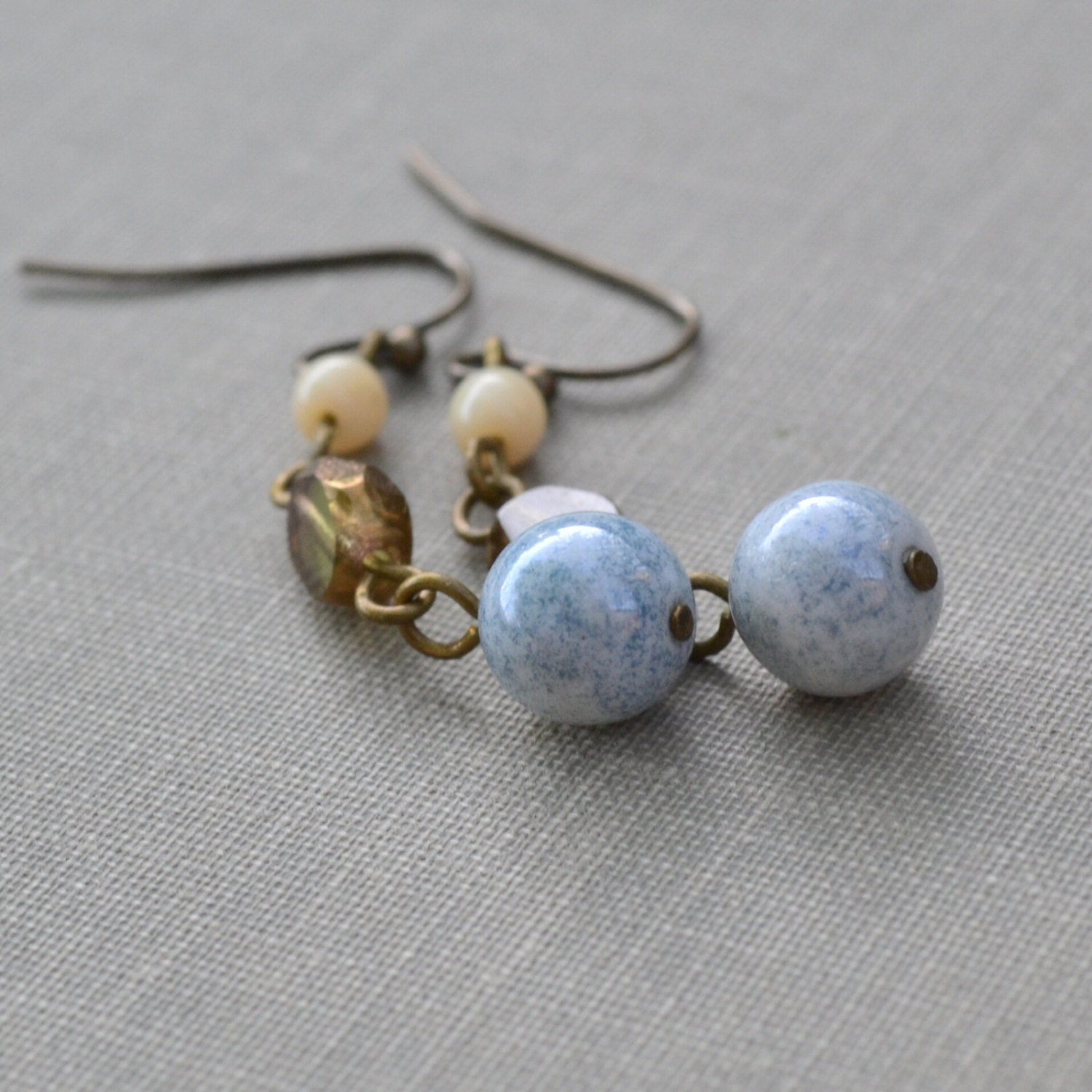 Green and Blue Glass Earrings, Bohemian Glass and Antiqued Brass, Beach Earrings