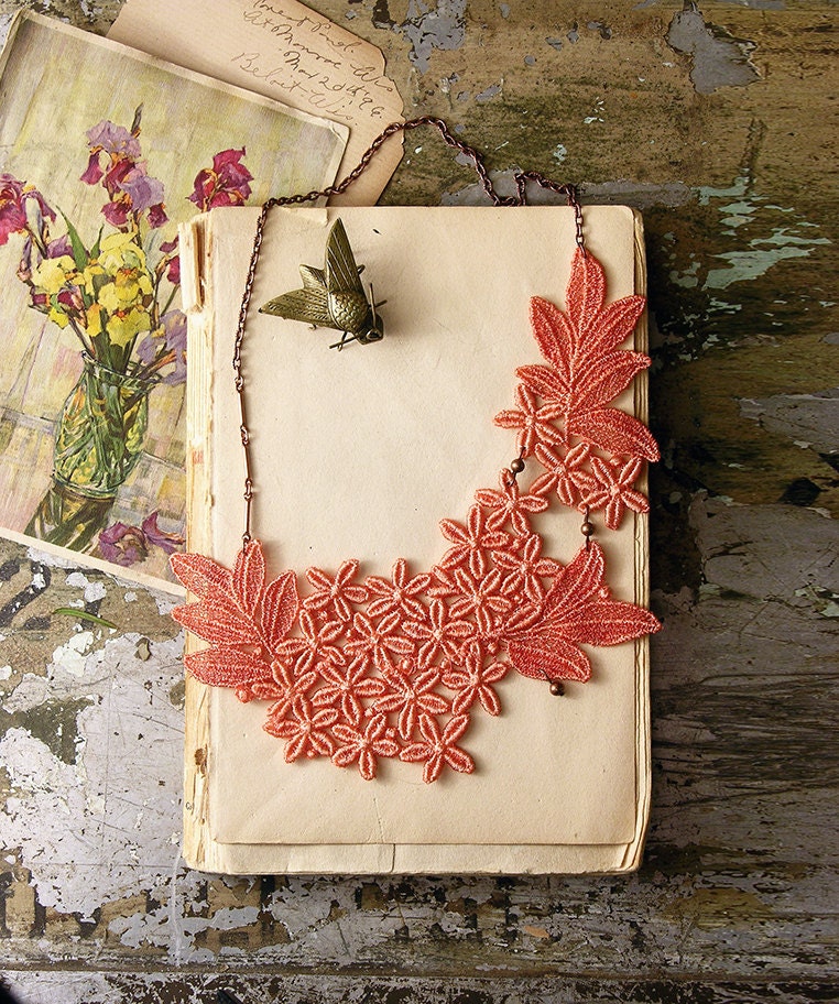 lace necklace - CELIA - nectarine - floral necklace- prom jewelry- statement necklace