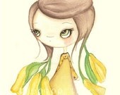 Flower Painting Yellow Fairybell Girl--Original Watercolor Painting 11 x 14---Fairybell