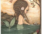 Mermaid Art Print Nautical Dread lock Girl Ship Sail Tree Wall Art