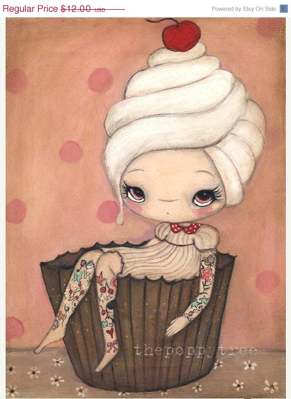 Cupcake Print Tattoo Girl Pink Cake Cherry Wall Art ---Tattood Cupcake Girl 5 x 7