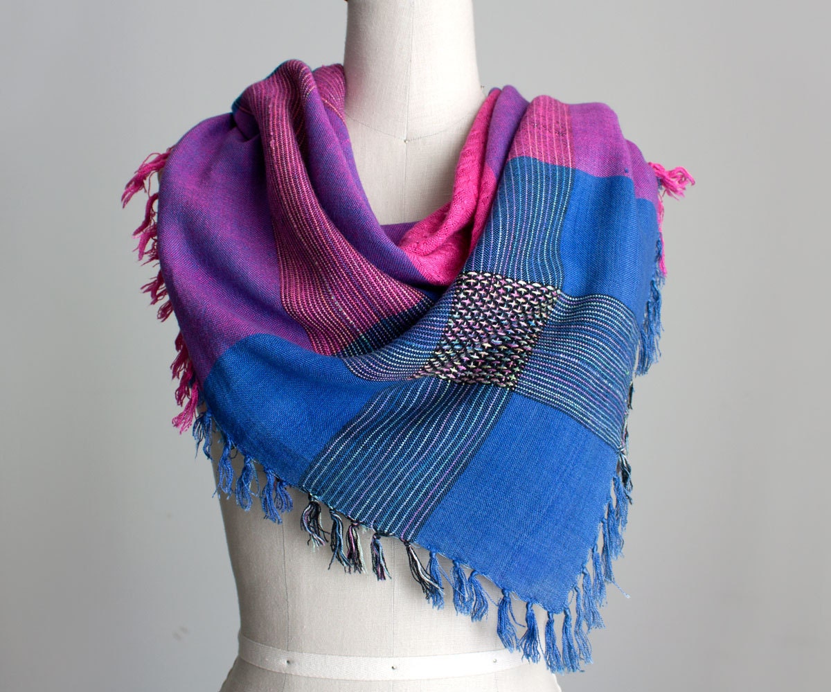 Fringe Scarf 1980s Vintage Plaid Multi Color Cotton Fringed Scarf