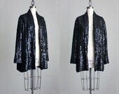 Black Sequin Jacket 1990s Vintage Black Slouchy Sequin Blazer Coat