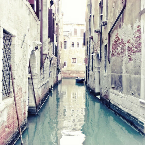 Venice Photograph - water reflection boat european travel photo Italy wall art pastel pale mint jade green - 8x8 - Acqua di Venezia
