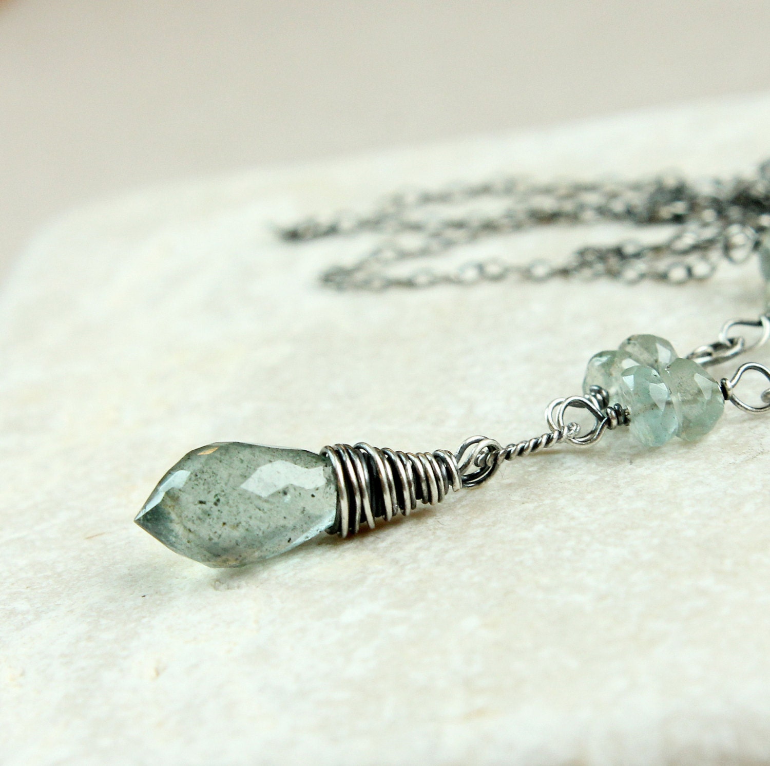 Moss Aquamarine   Necklace -   Oxidized  Silver -  Gemstone Necklace -  Wire Jewelry  -  Birthstone - Handmade Jewelry -  Aquamarine Jewelry