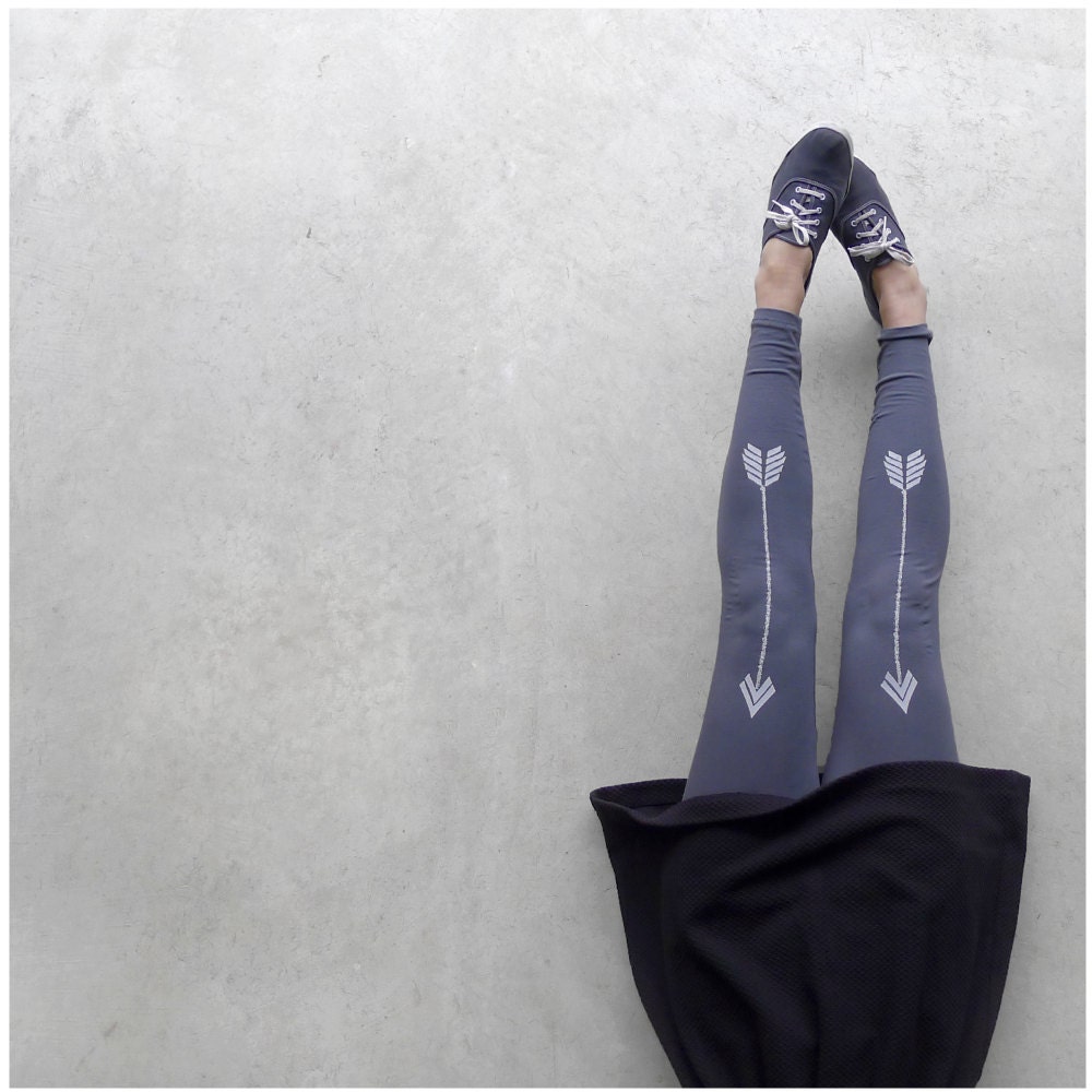 Artemis Leggings - high waisted leggings - chevron arrow print on womens asphalt gray jersey spandex - S/M/L