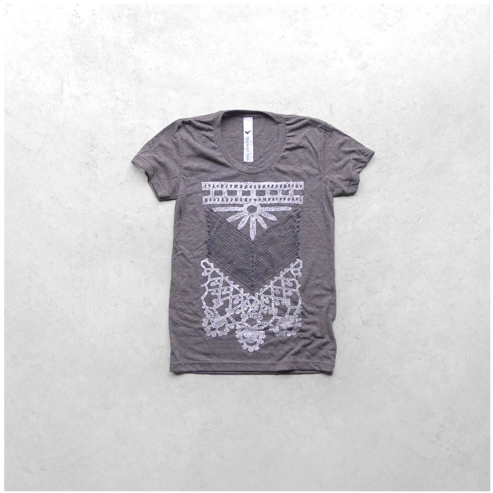 The Nomad - tshirt for women - tribal chest plate screenprint in white and gray - heather brown womens t shirt - gift for her