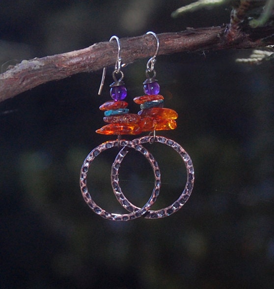 Desert Sunset - Rustic,  Amber, Turquoise,  Earrings, Brass Hoop, Gift for Her, Amethyst