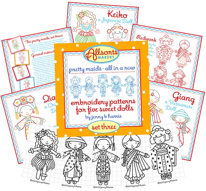Pretty Maids Three embroidery patterns for five international dolls - Instant Download