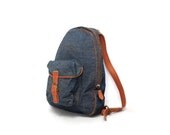 DENIM blue jean 70s 80s tan leather BACKPACK knapsack UNISEX