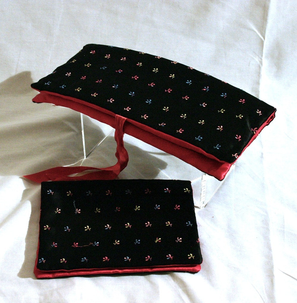 Vintage Black and Pink Satin Glove and Hosiery Storage Bags With Flowers