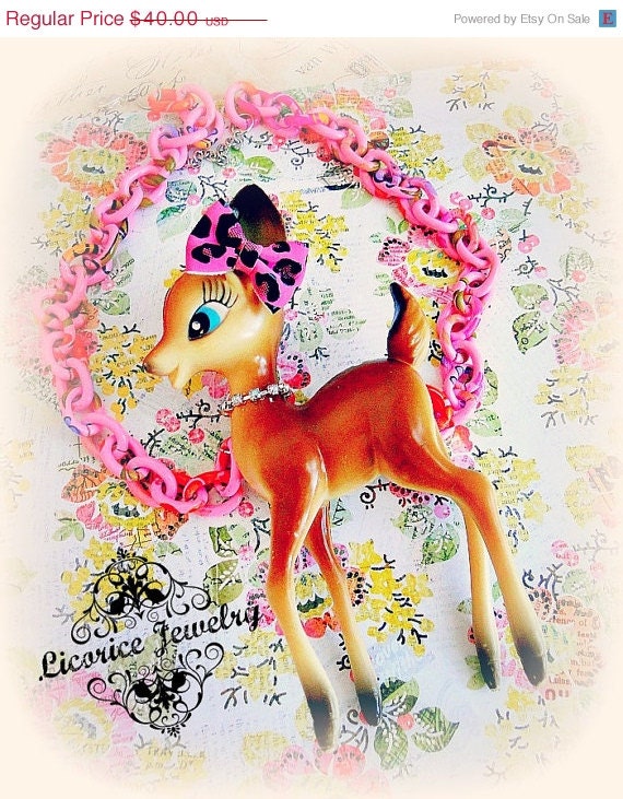 20 % OFF Sale PUnK GlaM Deer Fawn Retro Huge Statement Necklace pink crystal leopard print animal bling vintage girly emo scene