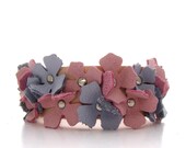 Flowered Leather Cuff, A Handmade Spring Leather Bracelet in Pink and Lavender