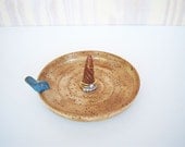 Ring Dish Stoneware Ceramic in Speckled Tan Glaze with Blue Bird Decoration